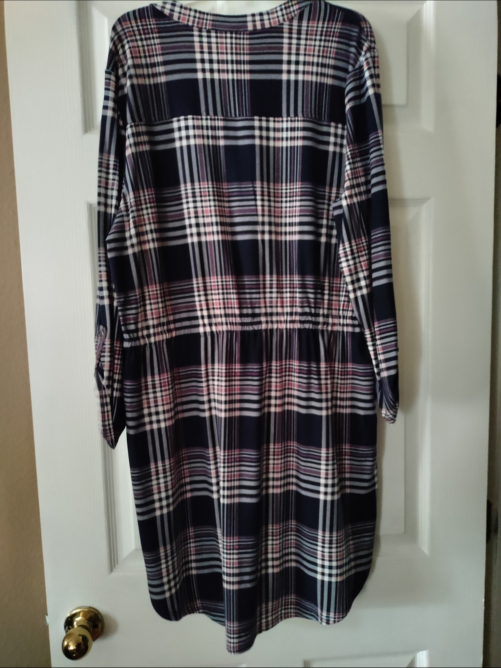 Bobbie Brooks Navy, White & Pink Plaid Drawstring Tunic Dress - Picture 4 of 9